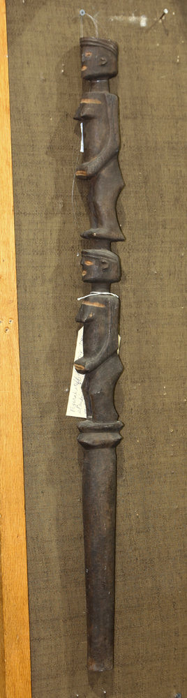 African decorative carved wood septre, depicting two female figures, 3'h