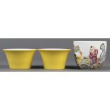 (lot of 3) Chinese porcelain cups, consisting of a yellow pair of inverted bell form, base of