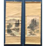 (lot of 2) Japanese hanging scroll, ink and colors on silk, depicting landscape with figure, each