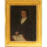American School (18th/19th century), Portrait of Man with Sextant, oil on board, unsigned,