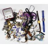 Collection of metal watches and costume jewelry Including 6) metal lady's wristwatches; 5) metal