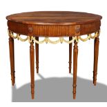 Pair of Continental inlaid and partial gilt demilune hall tables