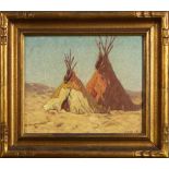 American School (20th century), Landscape with Two Teepees, oil on board, signed "W. F. Pullik"