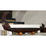 Maori-style, New Zealand decorative carved wood canoe model, 21.5"h x 51"l