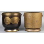 (lot of 2) Japanese bronze hibachi, cylindrical form, one etched with plum blossom, marked "Nihon