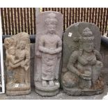 (lot of 3) Southeast Asian stone sculptures: one of a standing bodhisattva; one of a deity seated in