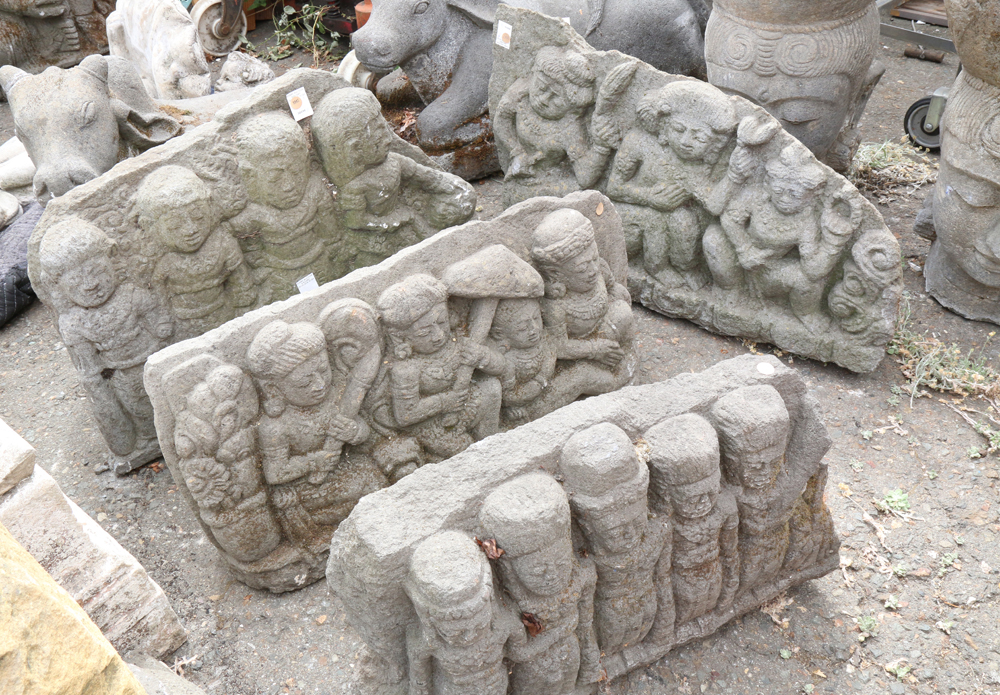 (lot of 4) South/Southeast Asian stone fragments, each carved with a row of figures, 32"w