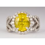 Yellow sapphire, diamond and 14k white gold ring
