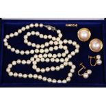 (Lot of 4) culture pearls, yellow gold jewelry Including 1) 6.0 mm, silver, 28 inch necklace with