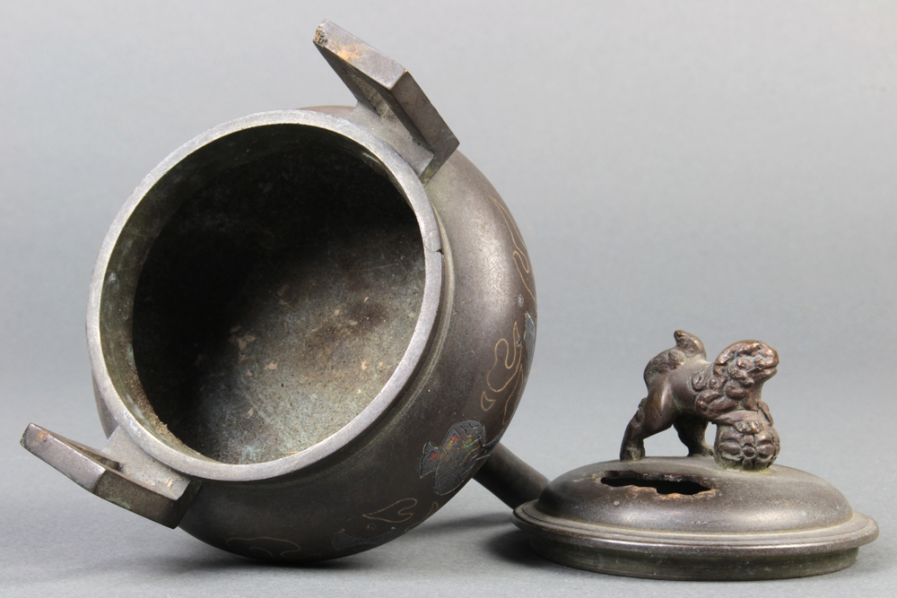 (lot of 2) Japanese bronze censers: one of immortal riding on a koi carp, the other censer on tripod - Image 4 of 4