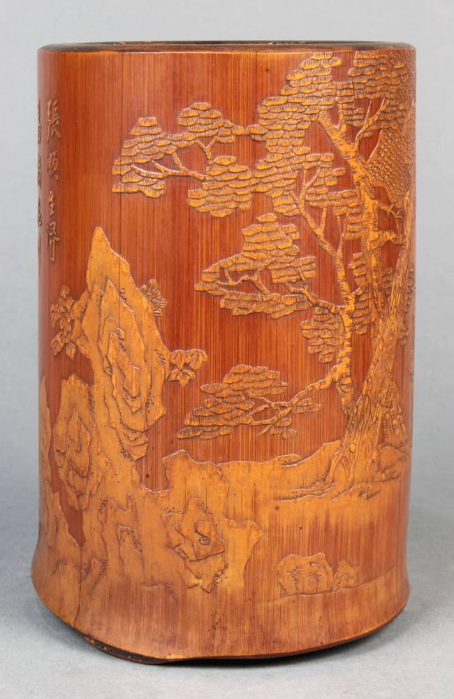 Chinese bamboo brush pot, featuring a gentleman holding a whip outside a villa, reversed by a - Image 2 of 6