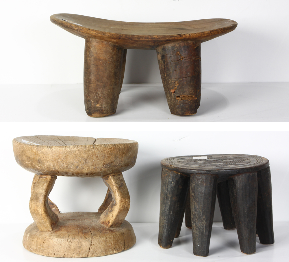 (lot of 3) African carved wood stool group, including a Senufo and a Nupen example, largest: 8"h x