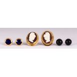 (Lot of 3) Pairs of multi-stone, yellow gold earrings Including 1) pair of enamel and 14k yellow