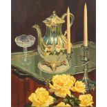 Dale Logan Hill, (American, 1909-1989), Still Life with Yellow Roses, Candles and Silver Tea Pot,