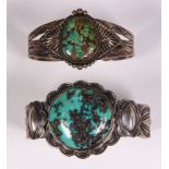 (Lot of 2) Native American turquoise, silver bracelets Including 1) turquoise cabochon, silver