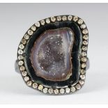 Geode, diamond and blackened silver ring