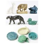 (lot of 9) Rookwood pottery group, consisting of tiles, statuettes and dishes, including a matte