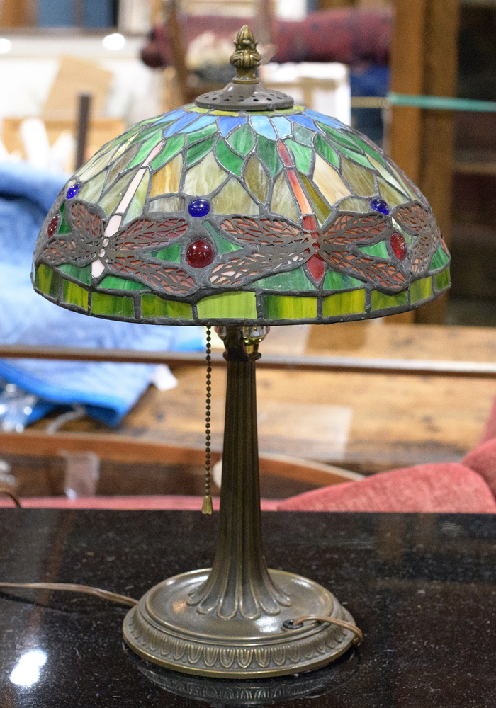 Tiffany style jewelled dragonfly leaded glass table lamp, 20th Century, the domed shade depicting