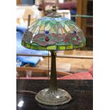 Tiffany style jewelled dragonfly leaded glass table lamp, 20th Century, the domed shade depicting