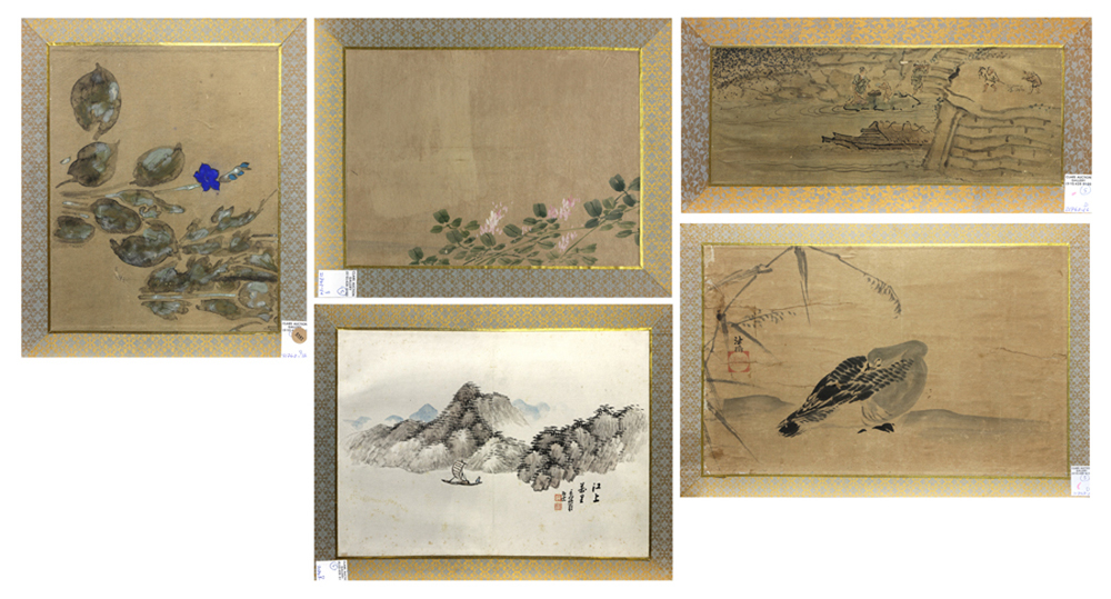 (lot of 5) Japanese ink and colors on silk, matted fragments from 18th-19th century byobu screen,