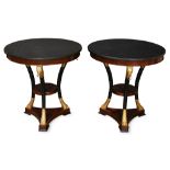 Pair of Empire style marble top gilt and ebonized gueridons