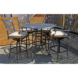 Modern outdoor dining set, consisting of a tall table, having a circular pierced top, 41"h x 42"