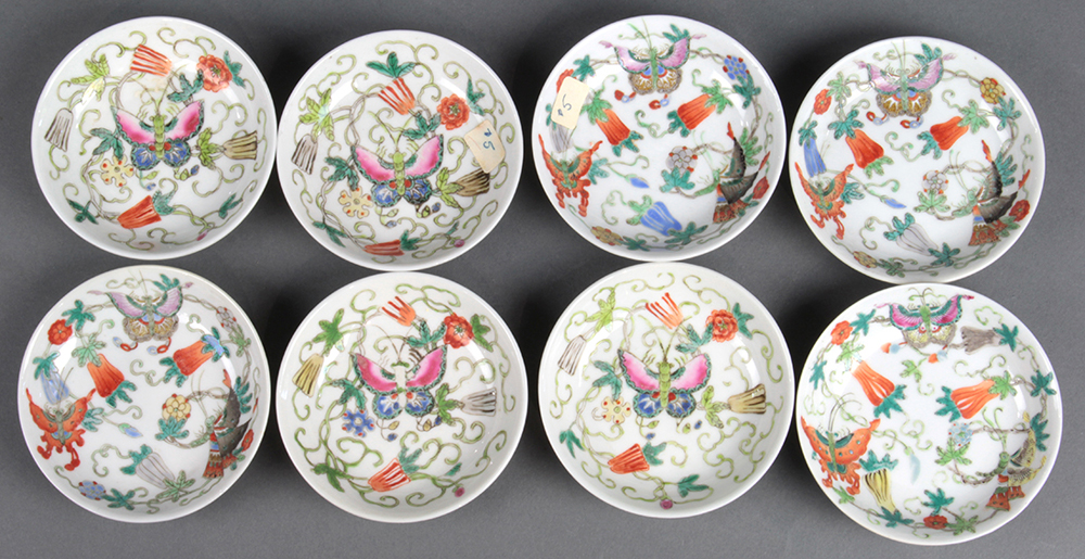 (lot of 8) Set of Chinese enameled porcelain sauce dishes, featuring butterflies amid fruiting