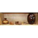 (lot of 5) Decorative burl-wood vessel group, consisting of a redwood vase, candle holder, a bud