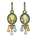 Pair of LeVian multi-stone, diamond, and 14k yellow gold earrings