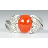 Coral, diamond and14k yellow gold ring