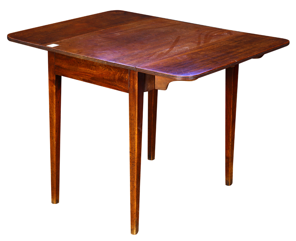 Federal walnut pembroke table, having a single drawer with two D form drops, and rising on square