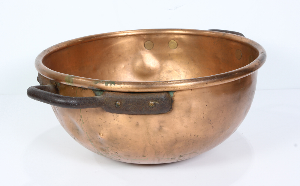 Copper candy bowl, likely French circa 1860, having a rolled rim with rivet fastened wrought iron - Image 2 of 2