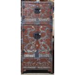 Pair of Chinese two-piece compound lacquered cabinets, each with a smaller upper and larger lower