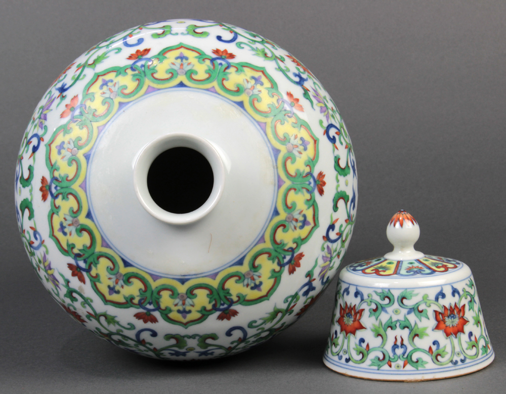 Chinese doucai porcelain lidded jar, the meiping form body featuring Buddhist treasures amid dense - Image 5 of 6