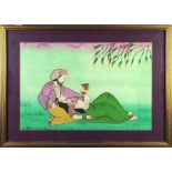 Indian painting on silk, of a couple in a field, with the lady lying down and holding a cup,