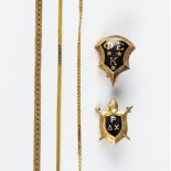 Collection of enamel and yellow gold items Including 2) 14k yellow gold (broken) chains; 1) 14k