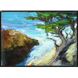"Cypress Surf," oil on canvas board, signed "Cyndra (Bradford)" lower right, artist title label