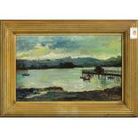 Claire Ragueneau (American, 20th century), "Bay from Marin," oil on board, signed lower right, title