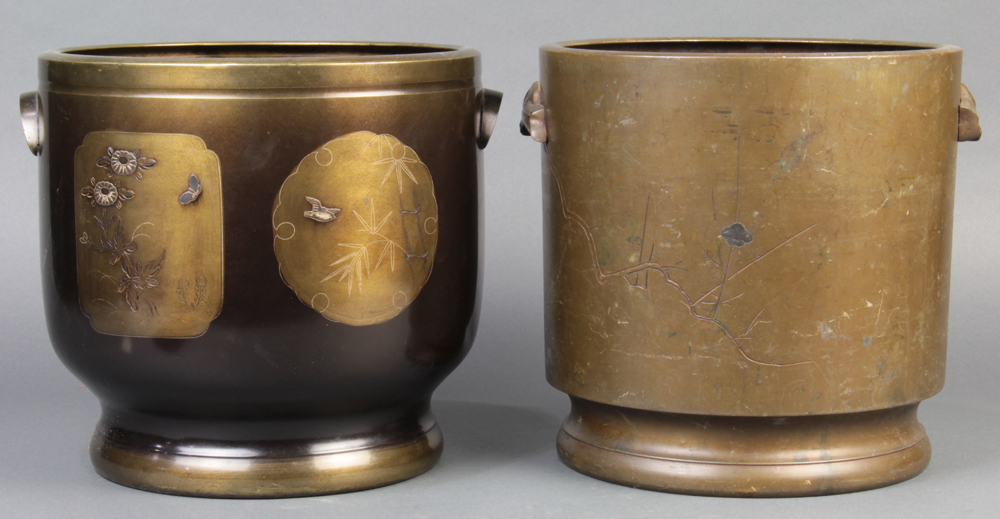 (lot of 2) Japanese bronze hibachi, cylindrical form, one etched with plum blossom, marked "Nihon - Image 3 of 5