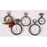 (Lot of 5) Coin silver, metal pocketwatches and items Including 1) Illinois Watch Co., coin