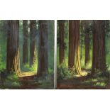 (lot of 2) After C.T. Wilson (American, 19th century) In the Redwoods, 1910, oils on board, each