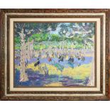 French Impressionist School (20th century), Untitled (Figures in the Park), oil on masonite,