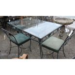 (lot of 5) Outdoor wrought iron and glass patio suite, each having a floral decorated patinated