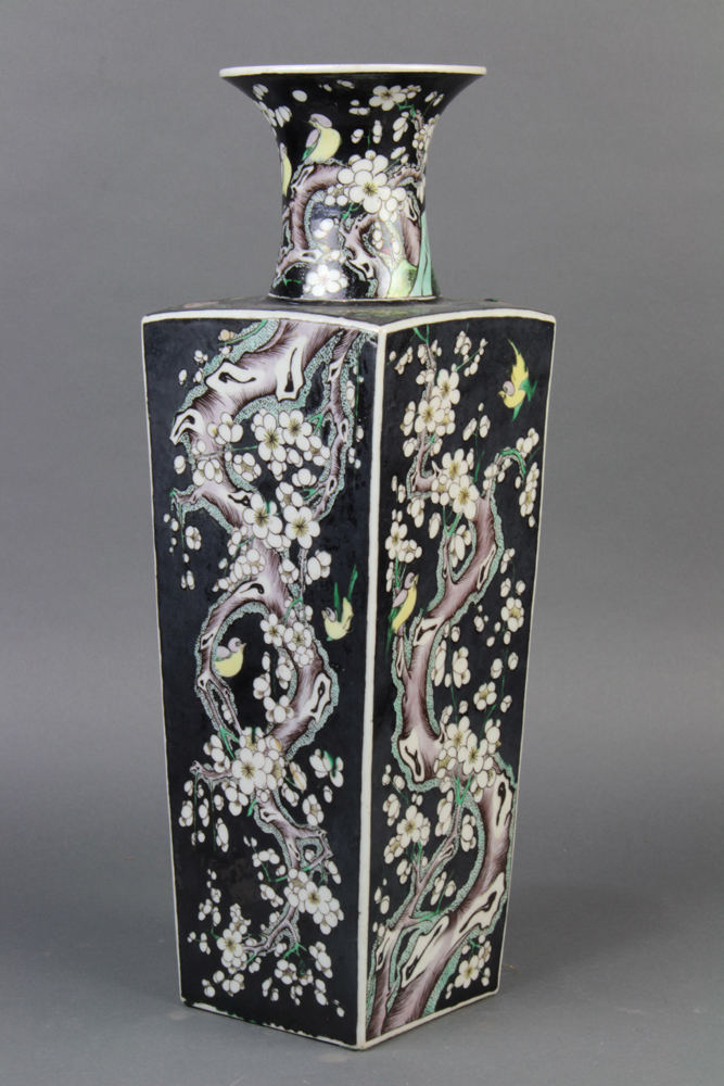 Chinese famille noir porcelain vase, with a trumpet neck above a tapering square sectioned body - Image 3 of 5