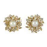 Pair of Van Cleef & Arpels cultured pearl, diamond and 18k yellow gold flower earrings