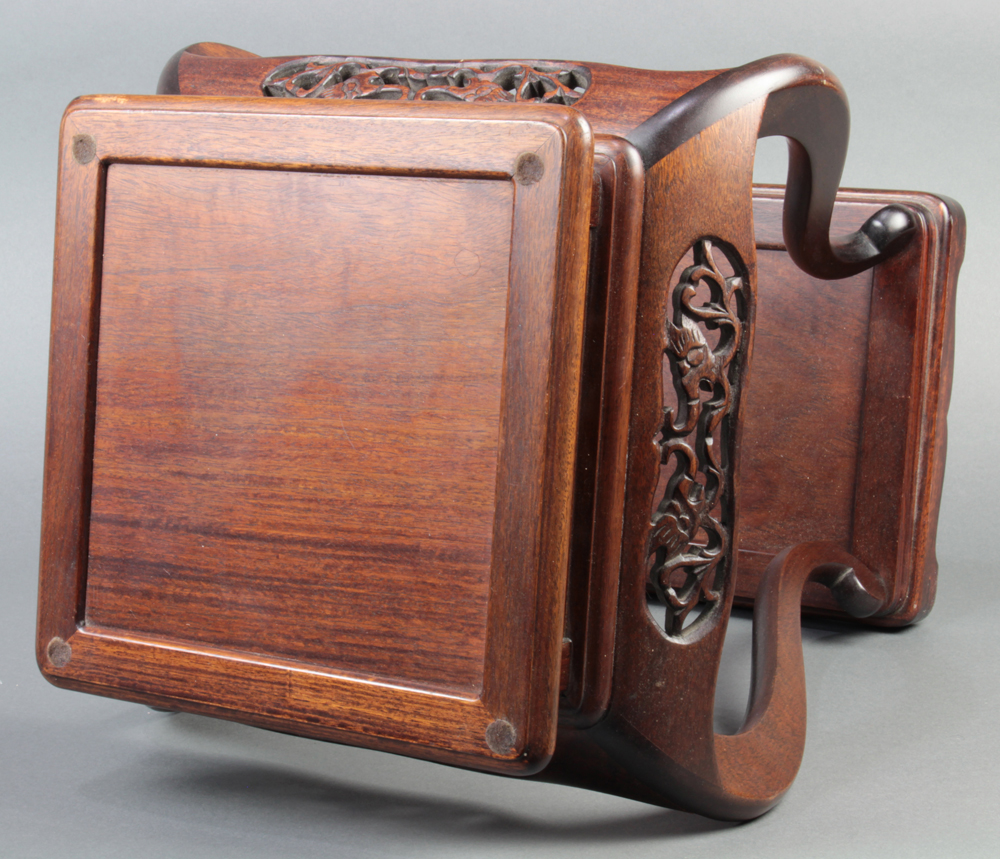 Chinese wood stand, with a square top and a pierced apron, raised on cabriole supports on a square - Image 3 of 4