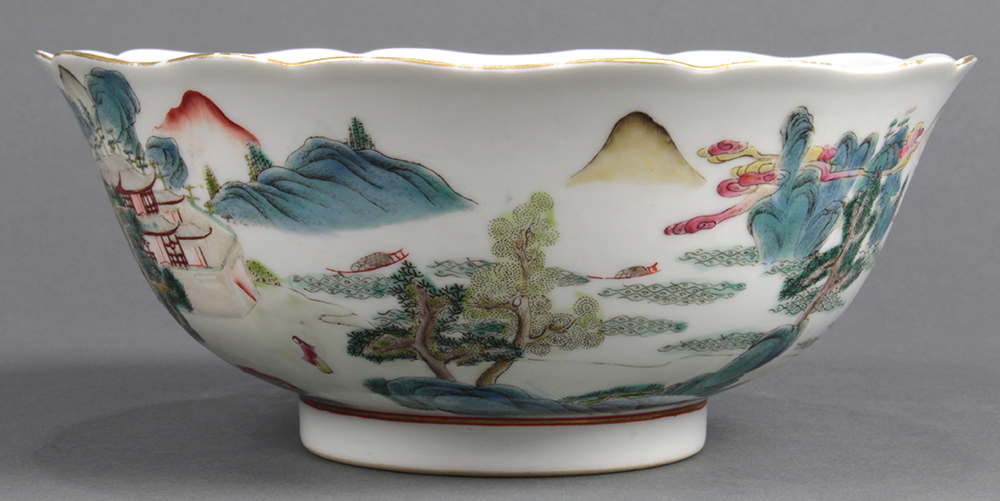 Chinese enameled porcelain bowl, with a foliate rim featuring pavilions along the river landscape, - Image 2 of 7
