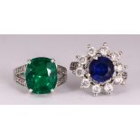 (Lot of 2) Synthetic stones, diamond and white gold rings Including 1) synthetic emerald, diamond