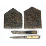 (lot of 3) Early Tibetan copper plaques, together with a knife having a partial gilt decorative