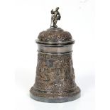 Renaissance Revival style silver plate tankard, marked "HB," the cup with Classical style repousse